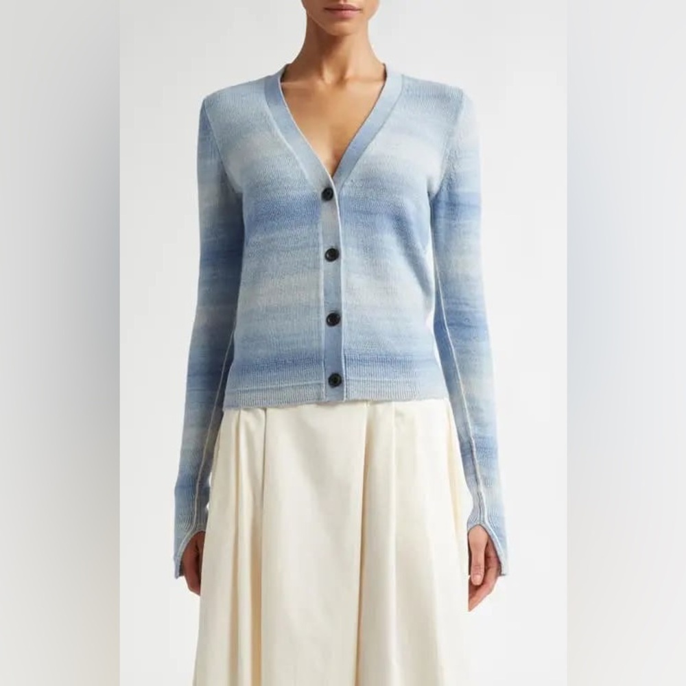 Maria McManus Space Dye Blue Stripe Slim Fit Featherweight Cardigan - size S